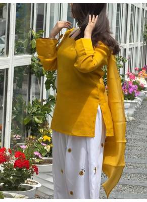 yelllow print cotton full stitched farshi salwar 3