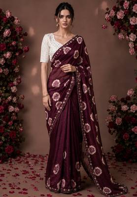 Maroon floral chiffon ethnic saree 1