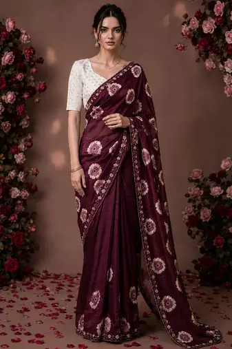 Maroon floral chiffon ethnic saree