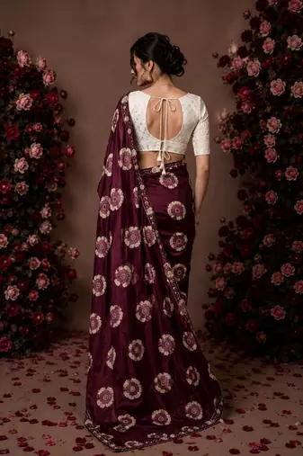 Maroon floral chiffon ethnic saree