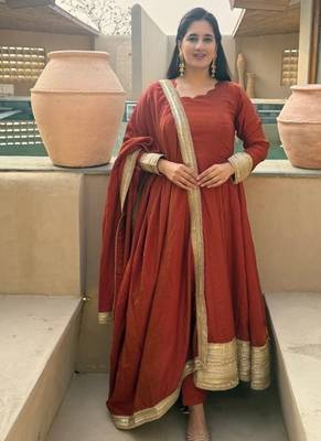 red embroidery silk blend  full stitched anarkali suit  1