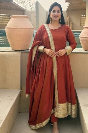 red embroidery silk blend  full stitched anarkali suit 