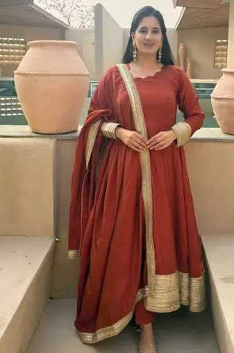 red embroidery silk blend  full stitched anarkali suit 