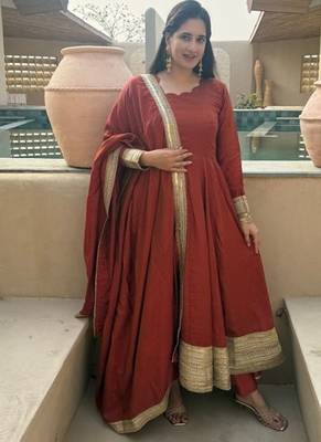 red embroidery silk blend  full stitched anarkali suit  2