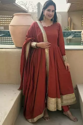 red embroidery silk blend  full stitched anarkali suit 