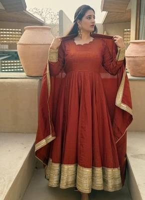 red embroidery silk blend  full stitched anarkali suit  3