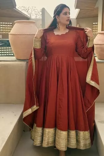 red embroidery silk blend  full stitched anarkali suit 