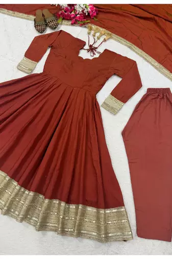 red embroidery silk blend  full stitched anarkali suit 