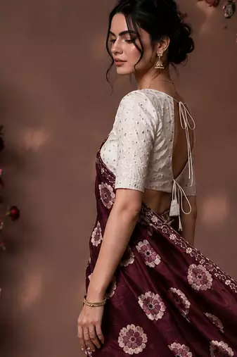 Maroon floral chiffon ethnic saree