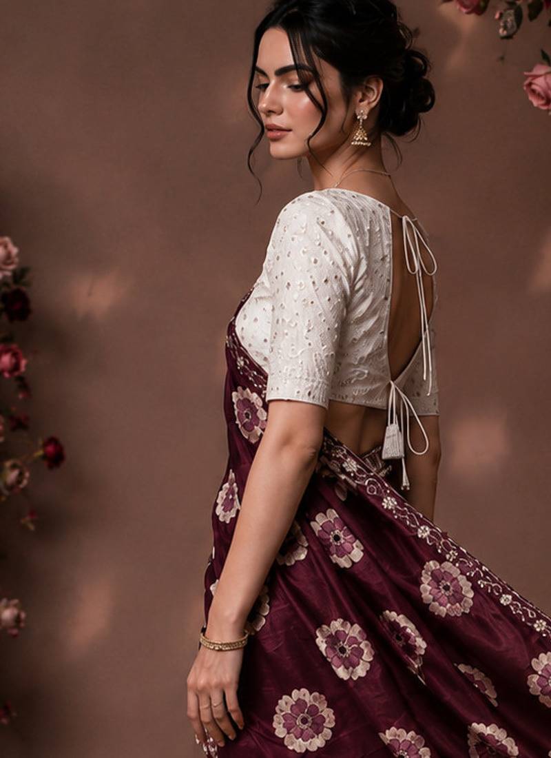 Maroon floral chiffon ethnic saree