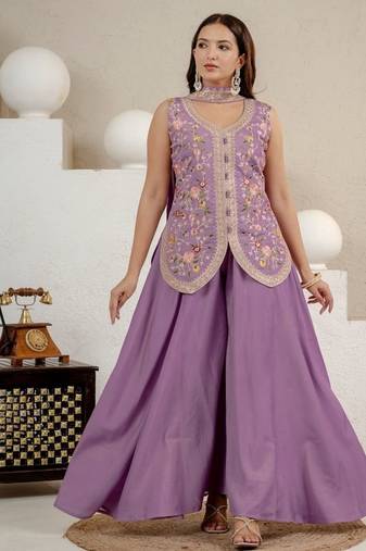 lavender embroidery silk blend   full stitched sharara plazo