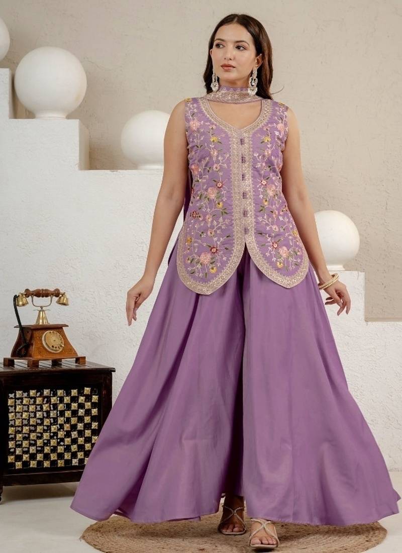 lavender embroidery silk blend   full stitched sharara plazo