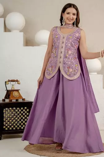 lavender embroidery silk blend   full stitched sharara plazo
