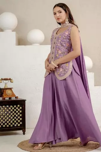 lavender embroidery silk blend   full stitched sharara plazo