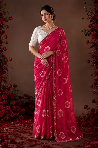 Magenta floral chiffon ethnic saree