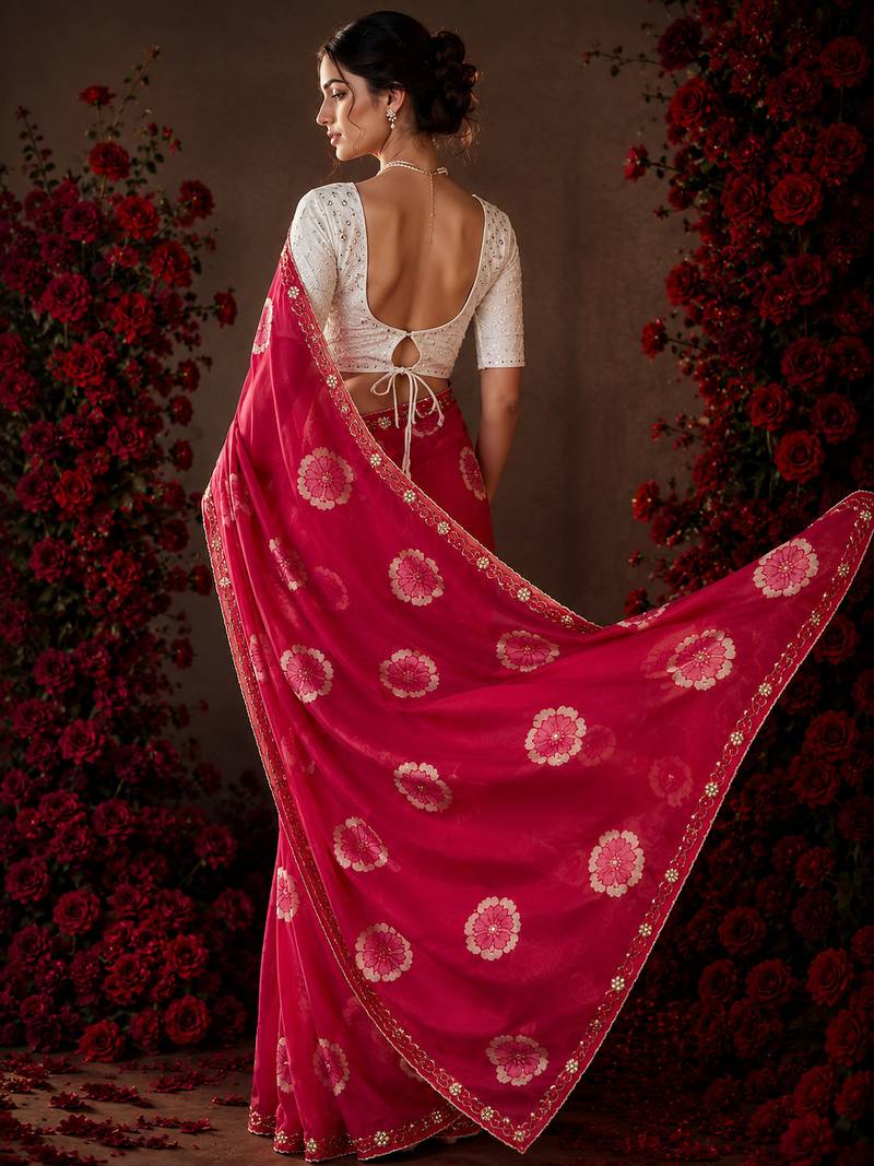 Magenta floral chiffon ethnic saree
