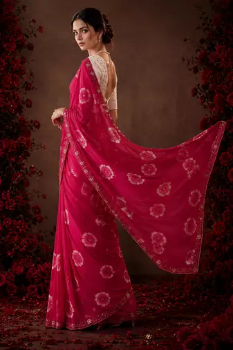 Magenta floral chiffon ethnic saree