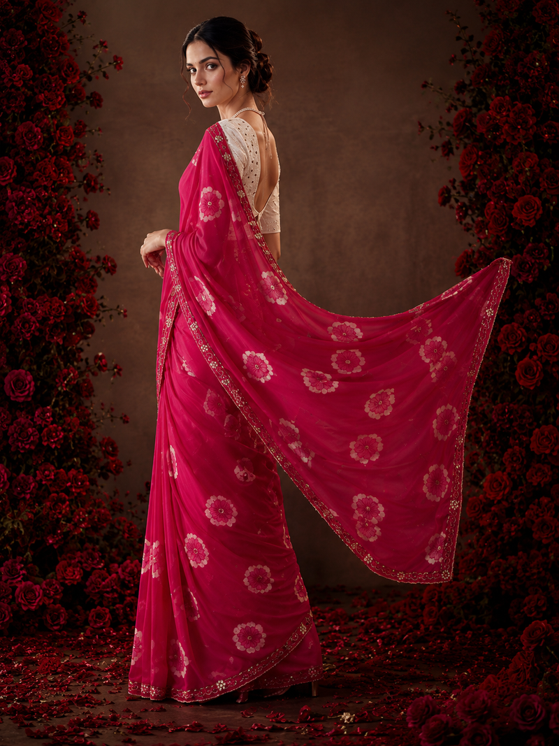 Magenta floral chiffon ethnic saree