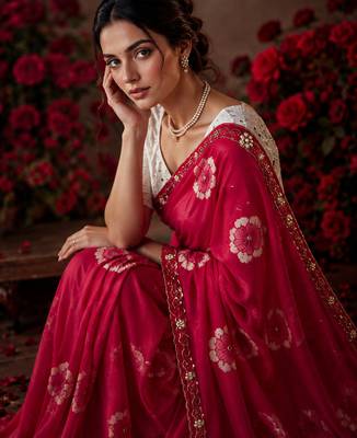 Magenta floral chiffon ethnic saree 4