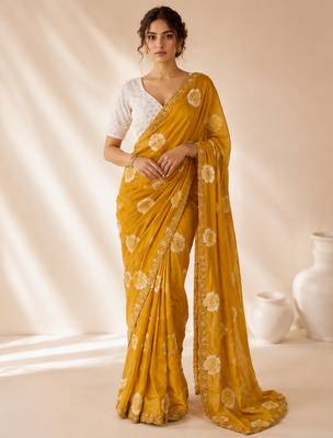 Orange floral chiffon ethnic saree 1