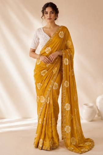 Orange floral chiffon ethnic saree