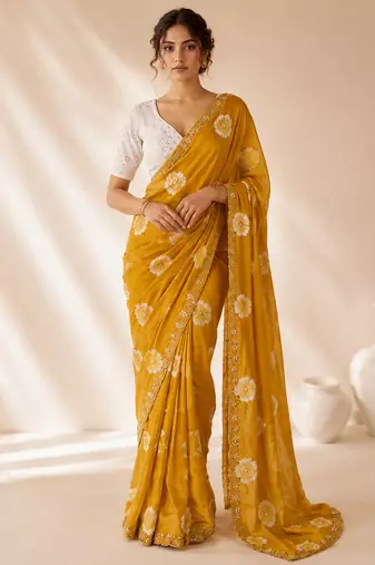 Orange floral chiffon ethnic saree