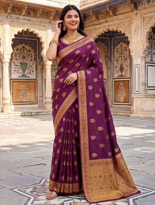 Women's wine soft silk banarasi saree with unstitched blouse 1