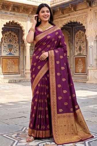 Women's wine soft silk banarasi saree with unstitched blouse