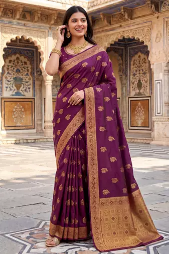 women's wine soft silk blend saree with unstitched blouse