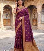 Women's wine soft silk banarasi saree with unstitched blouse