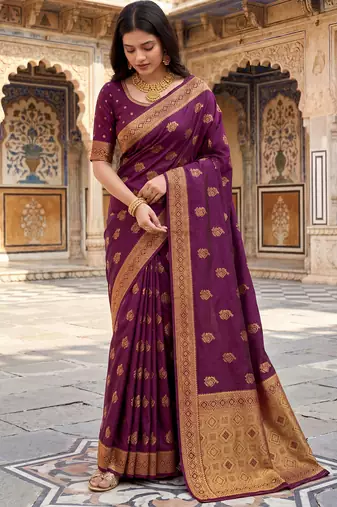 women's wine soft silk blend saree with unstitched blouse