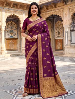 Women's wine soft silk banarasi saree with unstitched blouse 3
