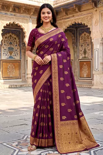 women's wine soft silk blend saree with unstitched blouse