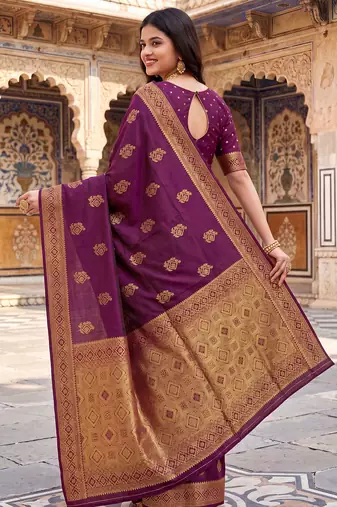 women's wine soft silk blend saree with unstitched blouse