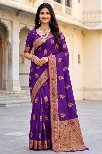 Women's purple soft silk banarasi saree with unstitched blouse