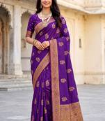 Women's purple soft silk banarasi saree with unstitched blouse