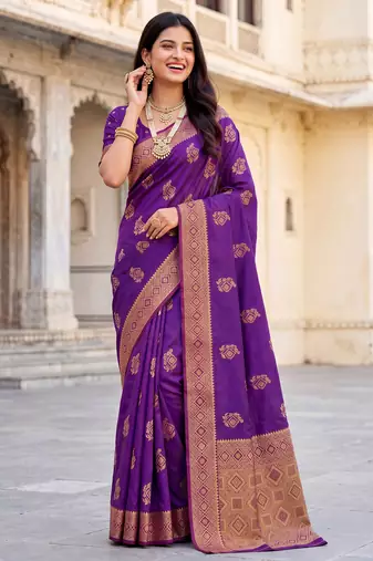 women's purple soft silk blend saree with unstitched blouse
