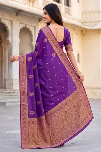 women's purple soft silk blend saree with unstitched blouse