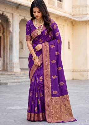 Women's purple soft silk banarasi saree with unstitched blouse 4