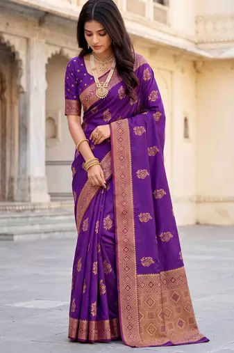 women's purple soft silk blend saree with unstitched blouse
