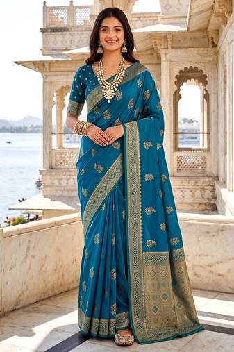 Women's teal blue soft silk banarasi saree with unstitched blouse
