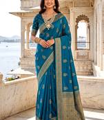 Women's teal blue soft silk banarasi saree with unstitched blouse
