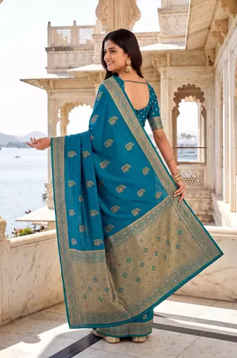 women's teal blue soft silk blend saree with unstitched blouse