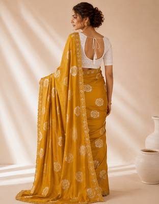 Orange floral chiffon ethnic saree 2