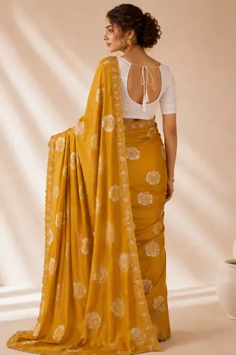 Orange floral chiffon ethnic saree