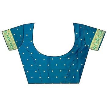 Women's teal blue soft silk banarasi saree with unstitched blouse 3