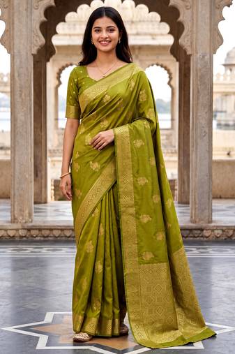 Women's light green soft silk banarasi saree with unstitched blouse