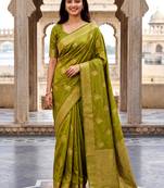 Women's light green soft silk banarasi saree with unstitched blouse