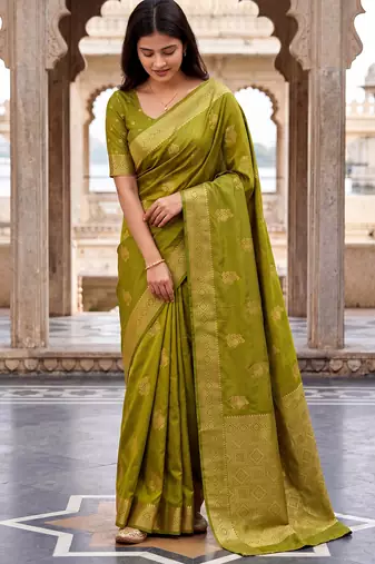 women's light green soft silk blend saree with unstitched blouse
