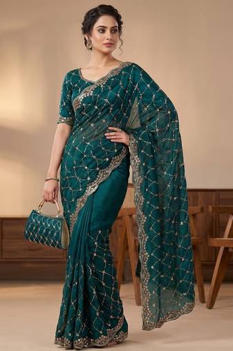 women's rama silk blend partywear saree with unstitched blouse